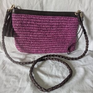 J.Jill Crochet Woven Straw Purse Purple w/ Leather Trim Removable Strap